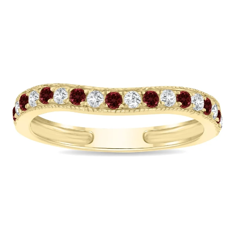 Garnet and Diamond Channel Set Wedding Band in 10K Yellow Gold