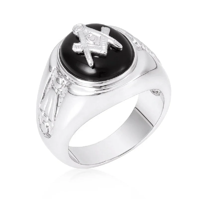 Genuine Rhodium Plated Onyx Mens Ring