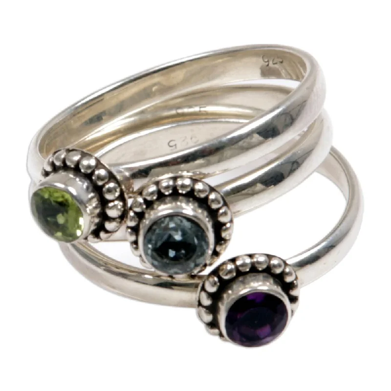 Handmade Set of 3 Sterling Silver 'Trio of Love' Multi-gemstone Rings (Indonesia)