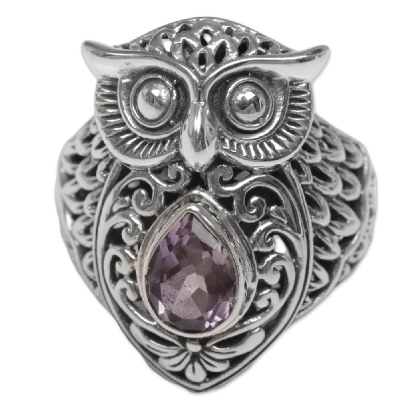 Handmade Sterling Silver 'Amethyst Owl' Amethyst Ring (Indonesia)