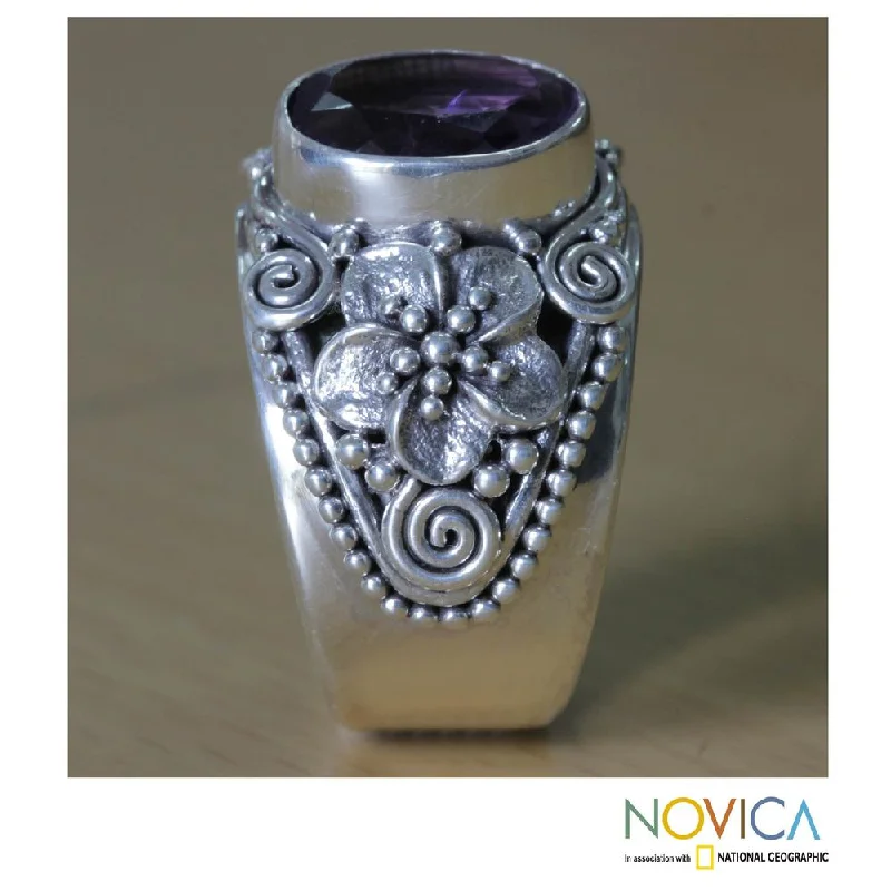 Handmade Sterling Silver 'Lilac Frangipani' Amethyst Cocktail Ring (Indonesia)