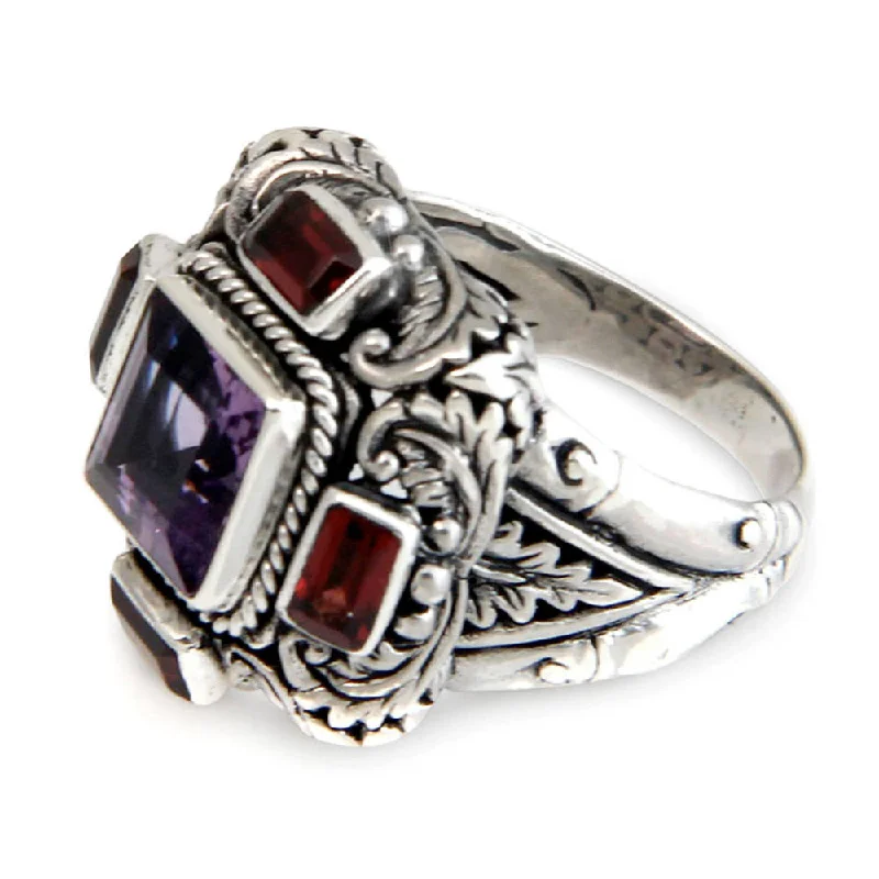 Handmade Sterling Silver 'Temple Guardian' Garnet Amethyst Ring (Indonesia) - Purple