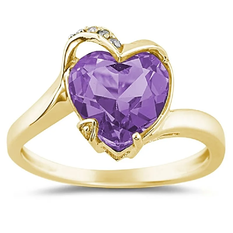 Heart Shaped Amethyst and Diamond Curve Ring in 14K Yellow Gold