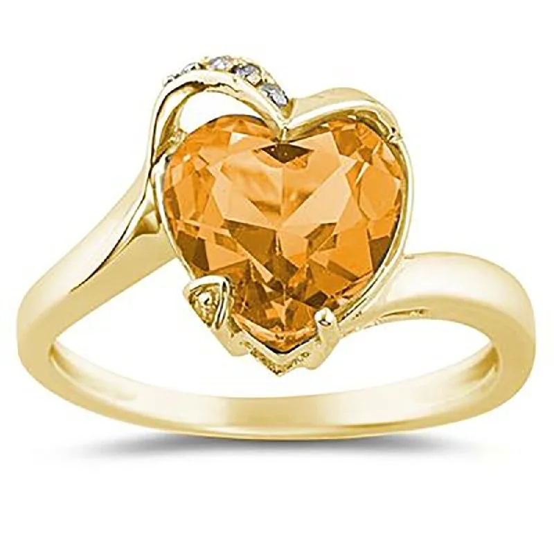 Heart Shaped Citrine and Diamond Curve Ring in 14K Yellow Gold