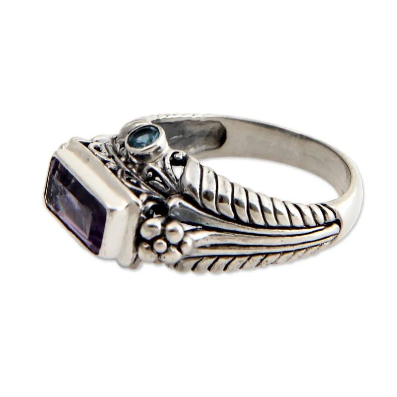 NOVICA Handmade Amethyst and blue topaz cocktail ring Sea Temple (Indonesia)