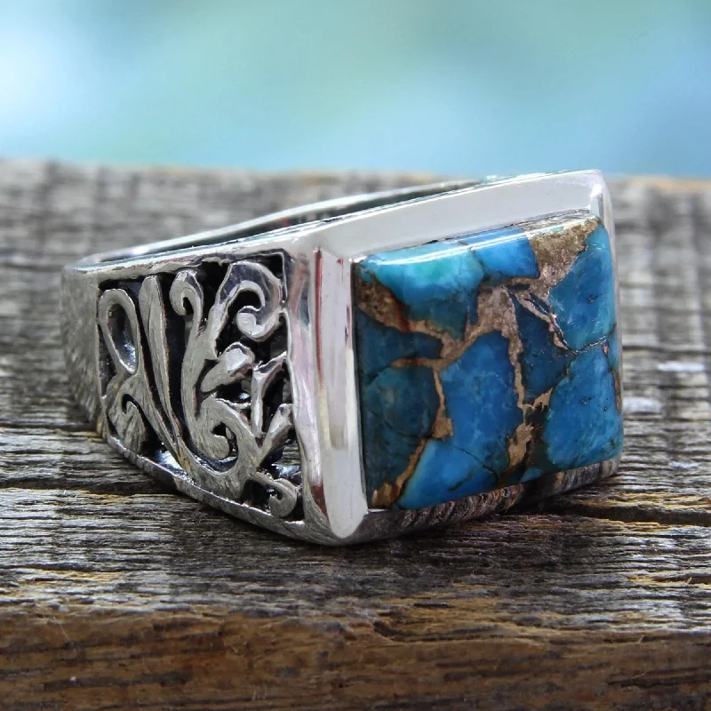 NOVICA Handmade Men's Sterling Silver 'Fascination' Turquoise Ring (India)