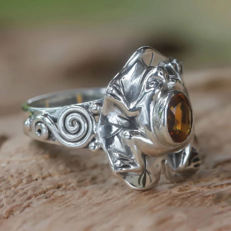 NOVICA Handmade Sterling Silver Golden Rainforest Frog Citrine Ring (Indonesia)