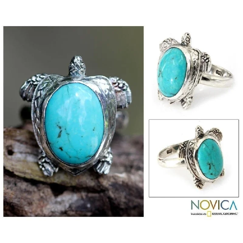 NOVICA Handmade Sterling Silver Men's 'Chelonia Turtle' Turquoise Ring (Indonesia) - Blue