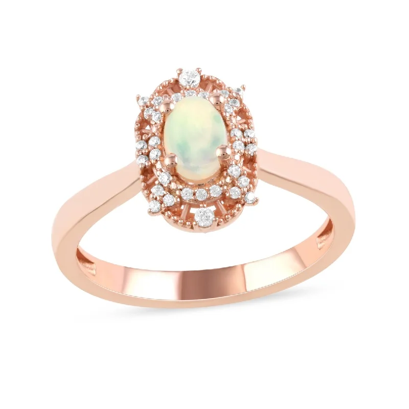 Opal Gemstone 1/10ct TDW Diamond Halo Ring in 10k Rose Gold