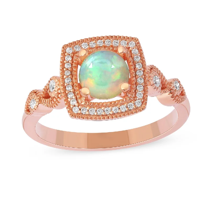 Opal Gemstone 1/8ct TDW Diamond Halo Ring in 10k Rose Gold