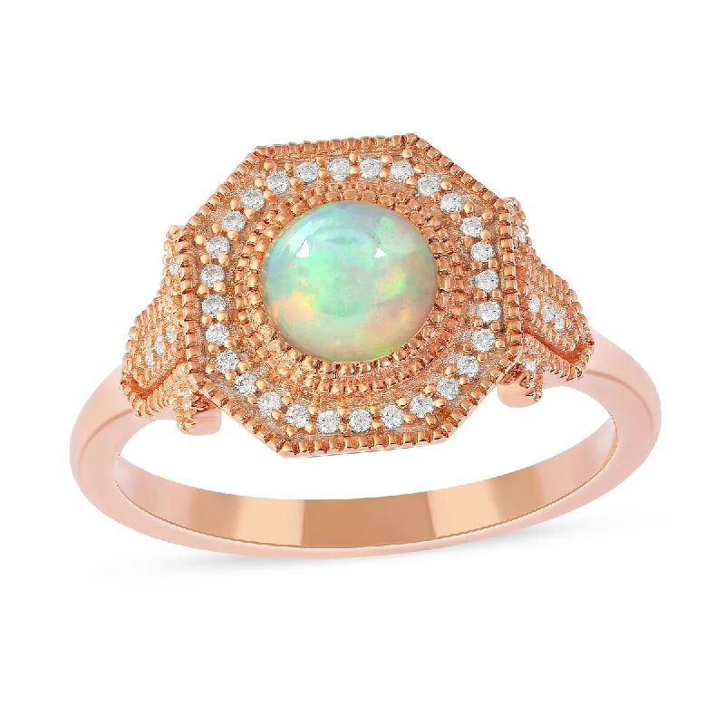 Opal Gemstone 1/8ct TDW Diamond Halo Ring in 10k Rose Gold