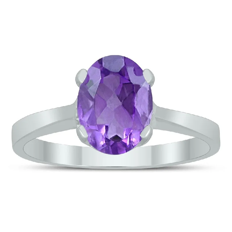 Oval Solitaire 8X6MM Amethyst Ring in 10K White Gold