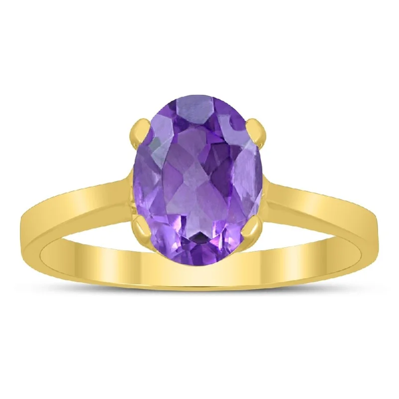 Oval Solitaire 8X6MM Amethyst Ring in 10K Yellow Gold