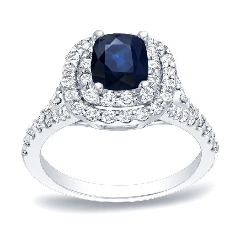 Platinum 1/2ct Cushion-Cut Blue Sapphire and 3/4ct TDW Diamond Halo Engagement Ring (H-I, SI1-SI2)