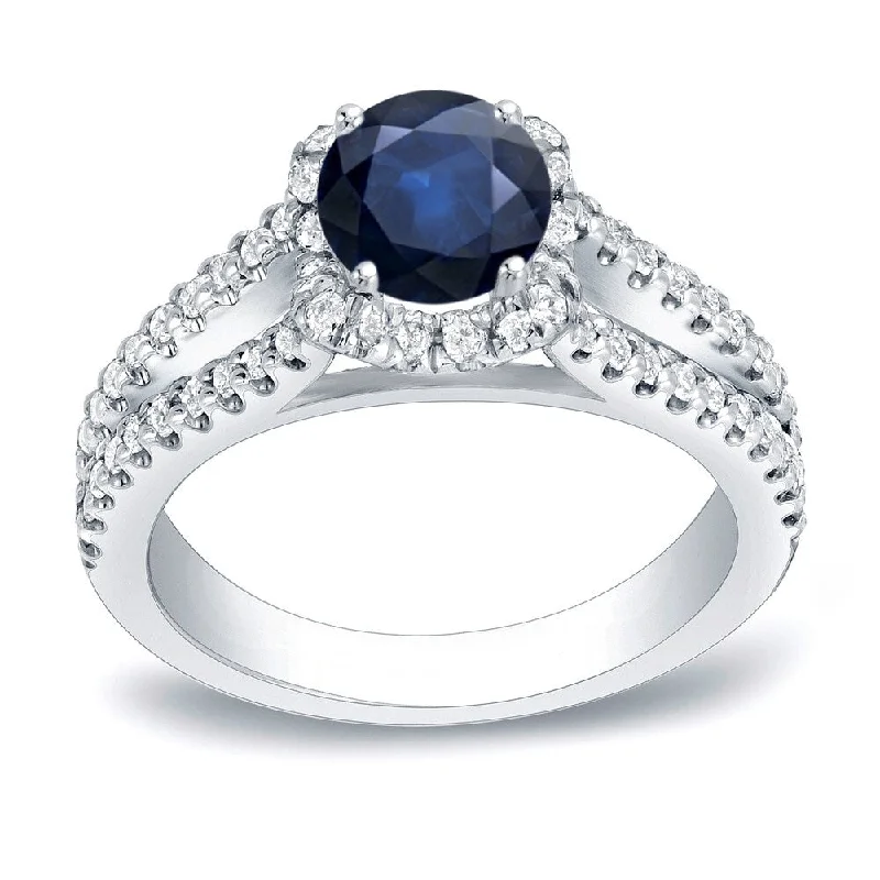 Platinum Round 3/4ct Sapphire and 1/2ct TDW Diamond Halo Engagement Ring by Auriya