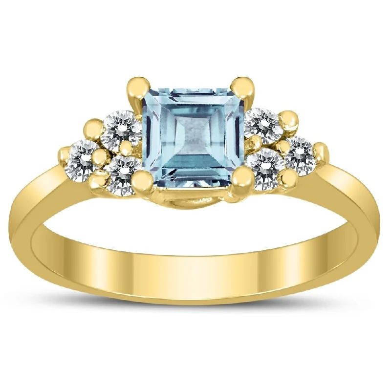 Princess Cut 5X5MM Aquamarine and Diamond Duchess Ring in 10K Yellow Gold