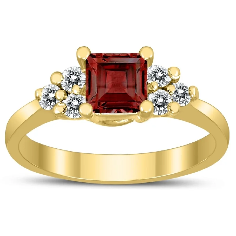 Princess Cut 5X5MM Garnet and Diamond Duchess Ring in 10K Yellow Gold