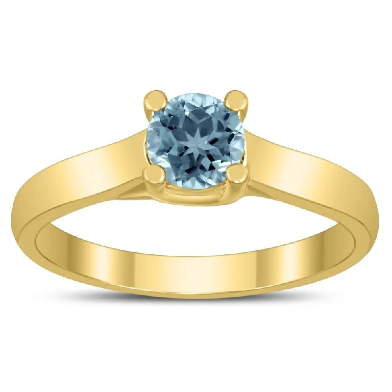 Round 5MM Aquamarine Cathedral Solitaire Ring in 10K Yellow Gold