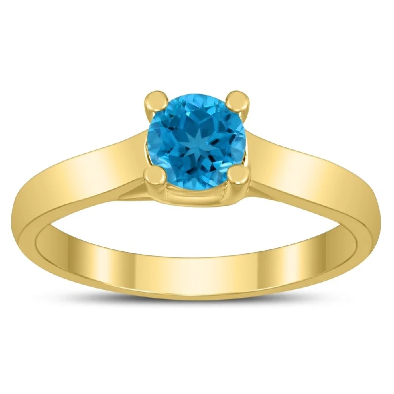 Round 5MM Blue Topaz Cathedral Solitaire Ring in 10K Yellow Gold