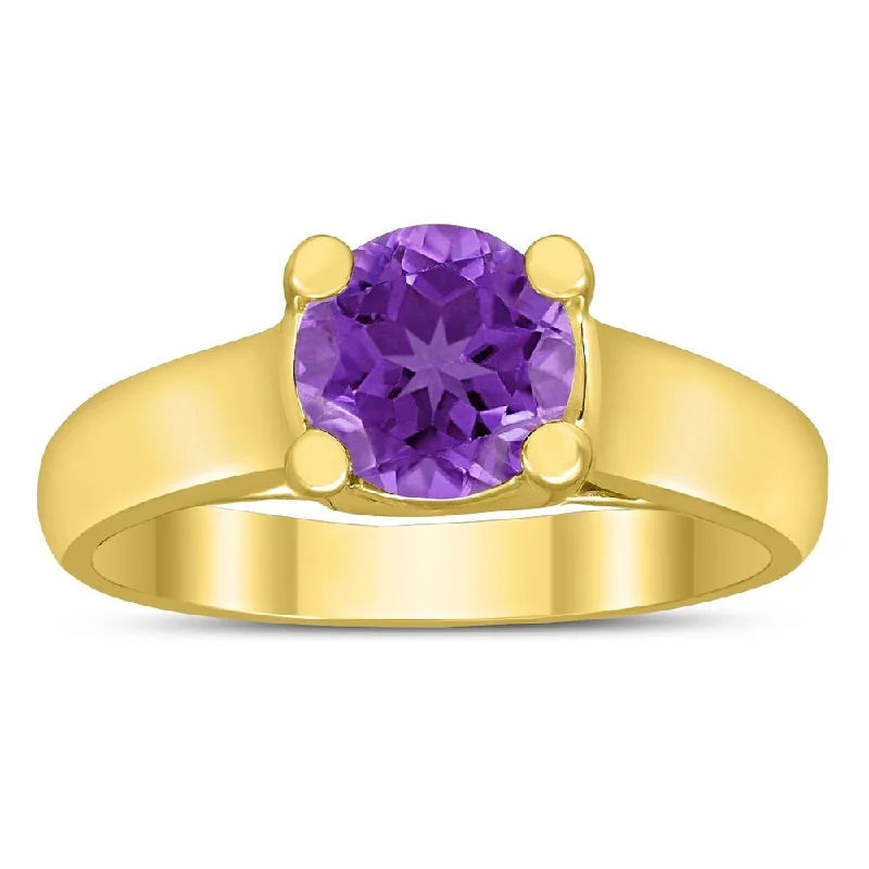 Round 7MM Amethyst Cathedral Solitaire Ring in 10K Yellow Gold