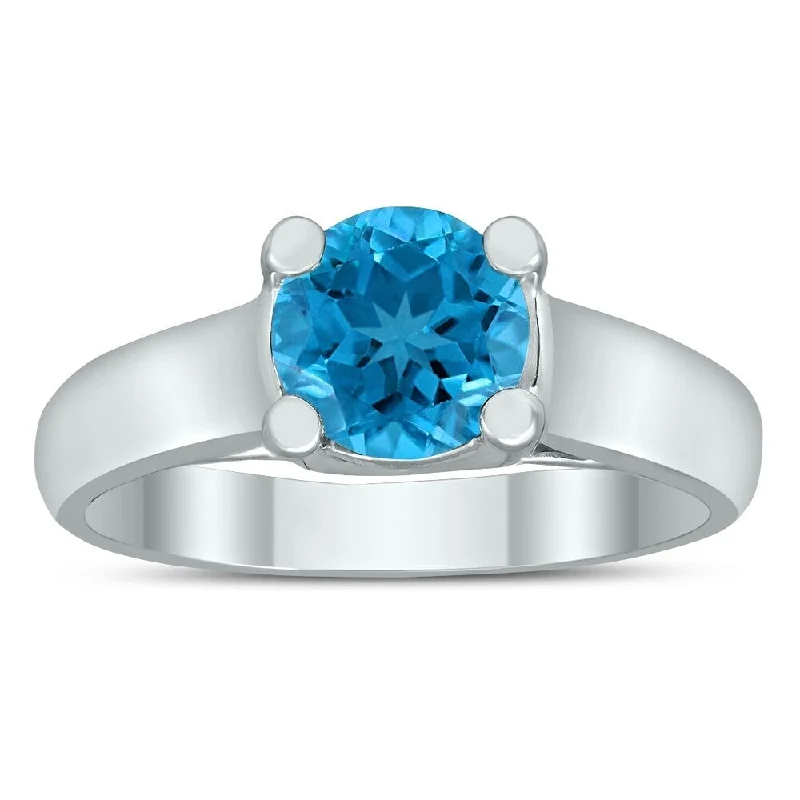 Round 7MM Blue Topaz Cathedral Solitaire Ring in 10K White Gold