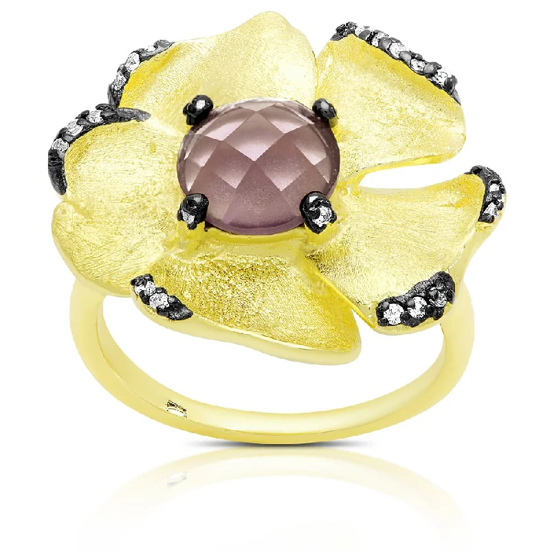 Samantha Stone Gold Over Sterling Silver Cubic Zirconia and Simulted Amethyst Flower Ring