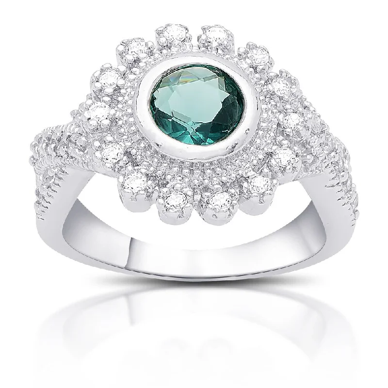 Samantha Stone Sterling Silver Cubic Zirconia and Simulated London Blue Topaz Flower Ring