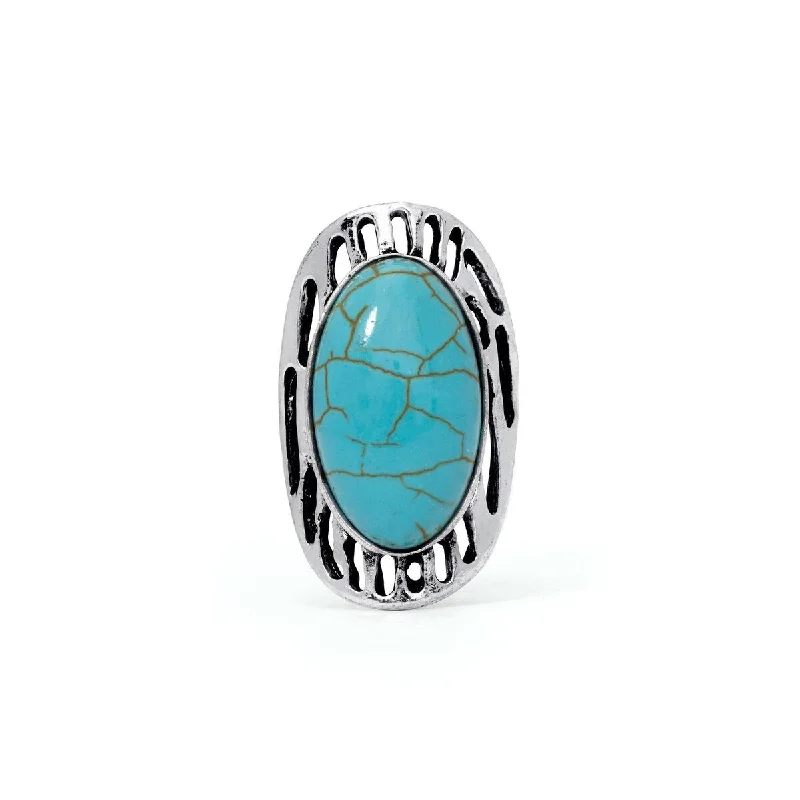 Silver Plated Simulated Turquoise Oval Stripped Ring