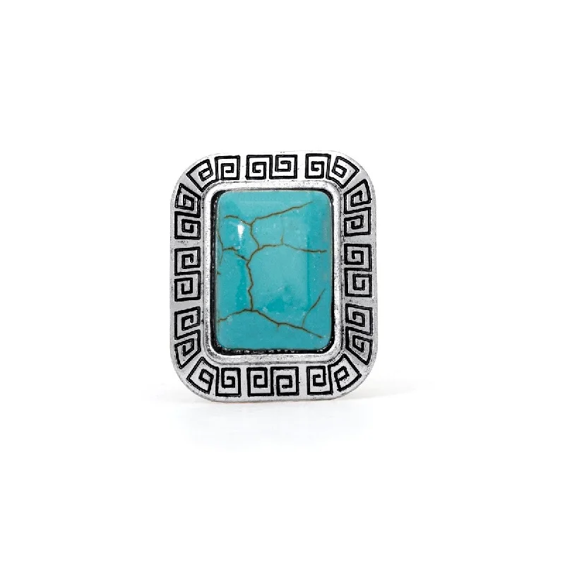 Silver Plated Simulated Turquoise Rectangle Greek Key Ring