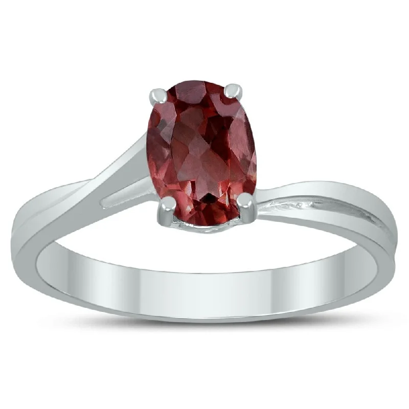 Solitaire Oval 7X5MM Garnet Gemstone Twist Ring in 10K White Gold