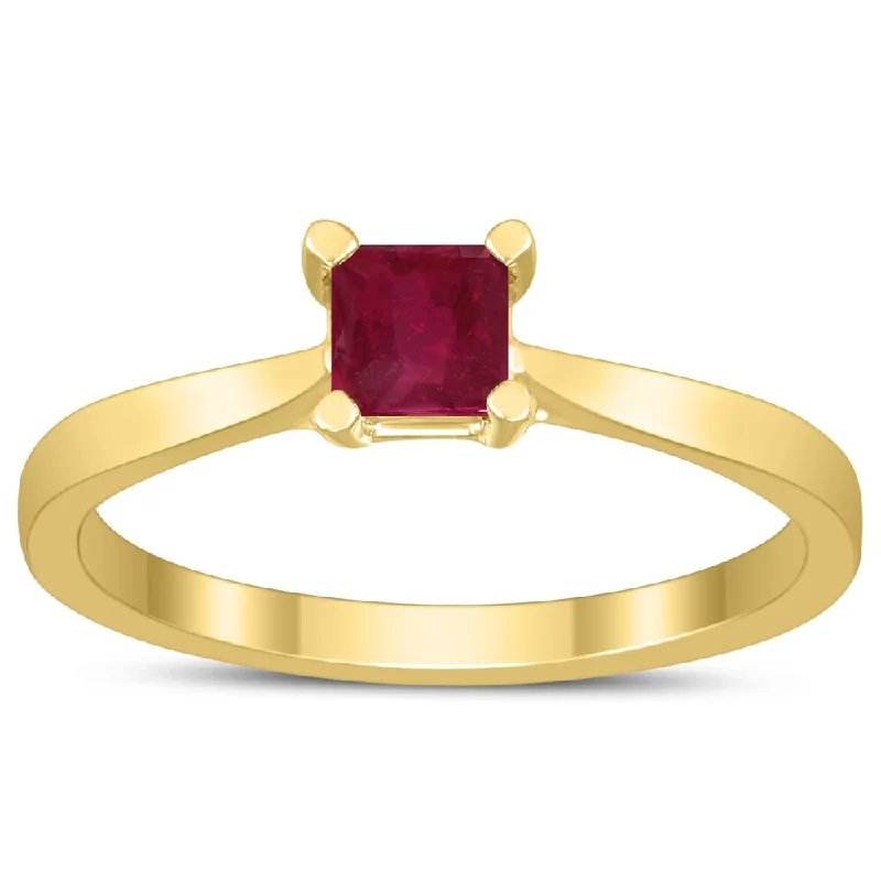 Square Princess Cut 4MM Ruby Solitaire Ring in 10K Yellow Gold