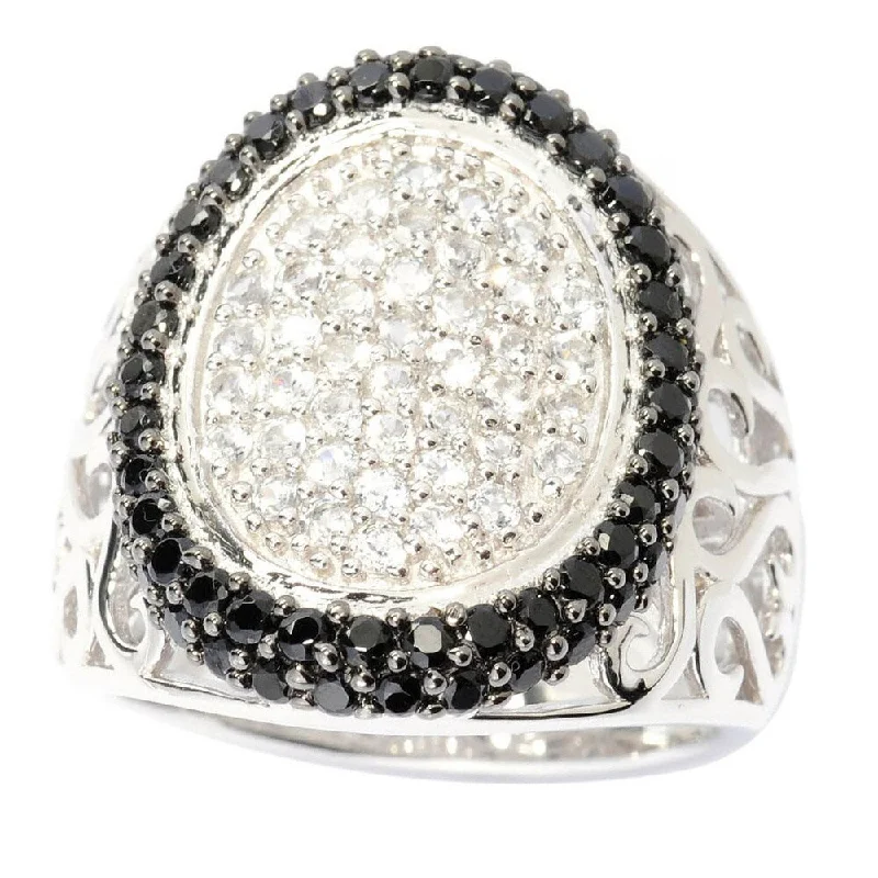 Sterling Silver White Topaz and Black Spinel Wide Oval Top Ring