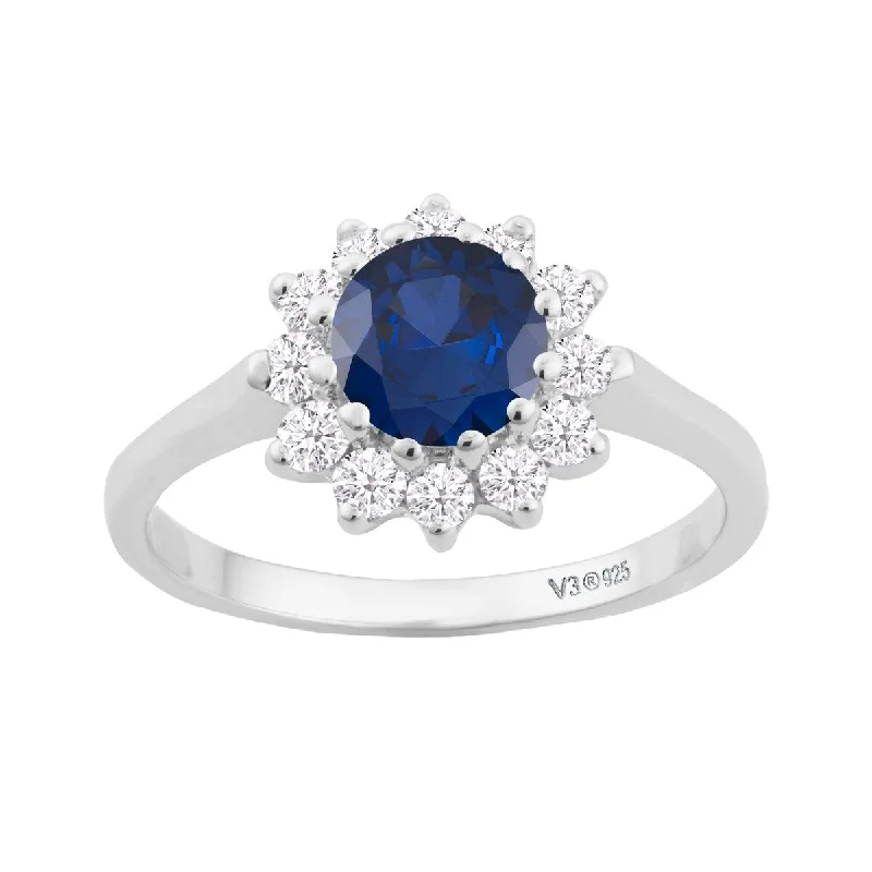 Sterling Silver with Blue Sapphire and White Topaz Halo Ring