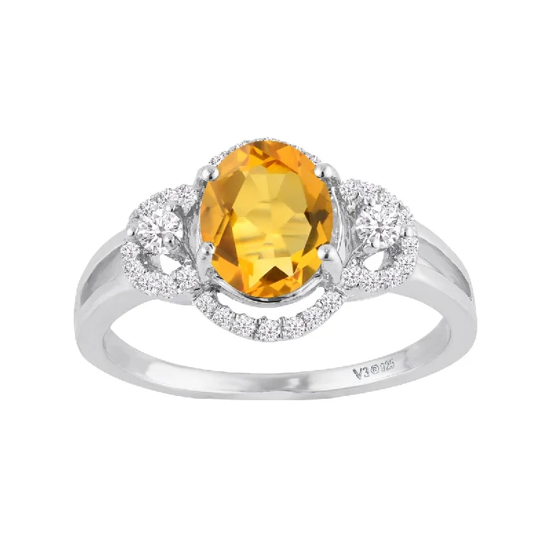 Sterling Silver with Natural Citrine and White Zircon Halo Ring