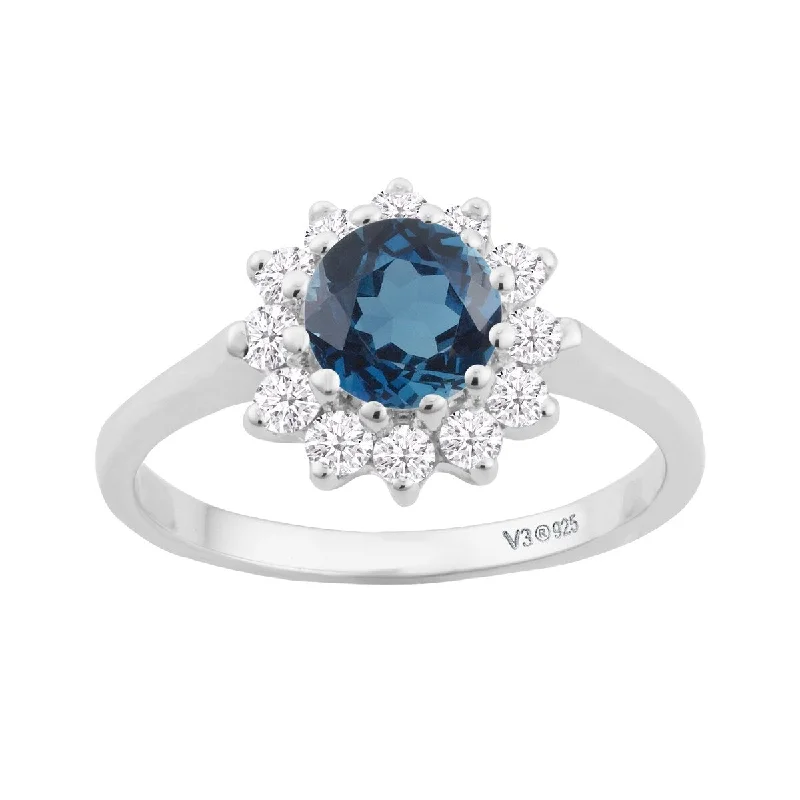 Sterling Silver with Natural London Blue Topaz and White Topaz Halo Ring