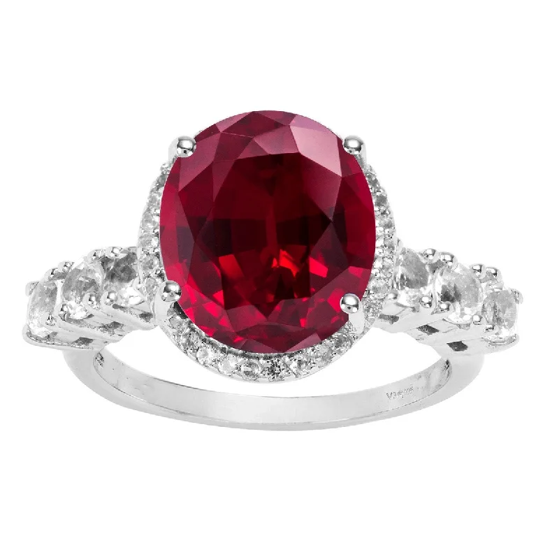 Sterling Silver with Ruby and White Zircon Halo Ring