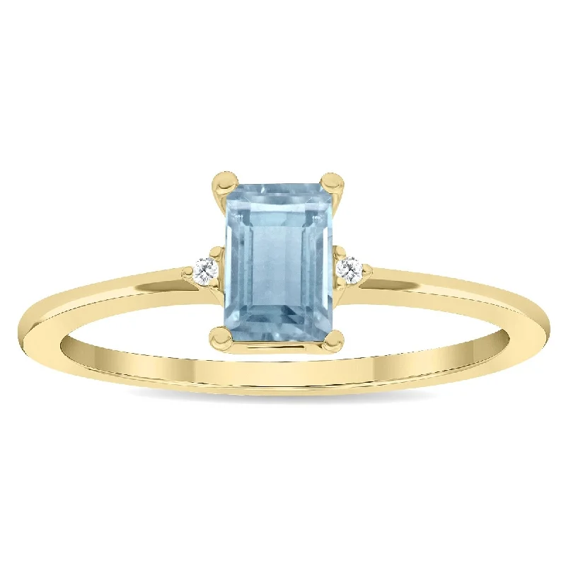 Women's Emerald Cut Aquamarine and Diamond Classic Band in 10K Yellow Gold