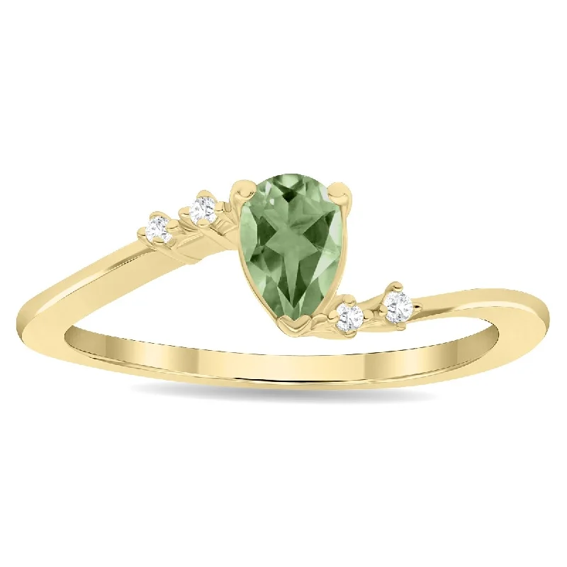 Women's Pear Shaped Green Amethyst and Diamond Wave Ring in 10K Yellow Gold