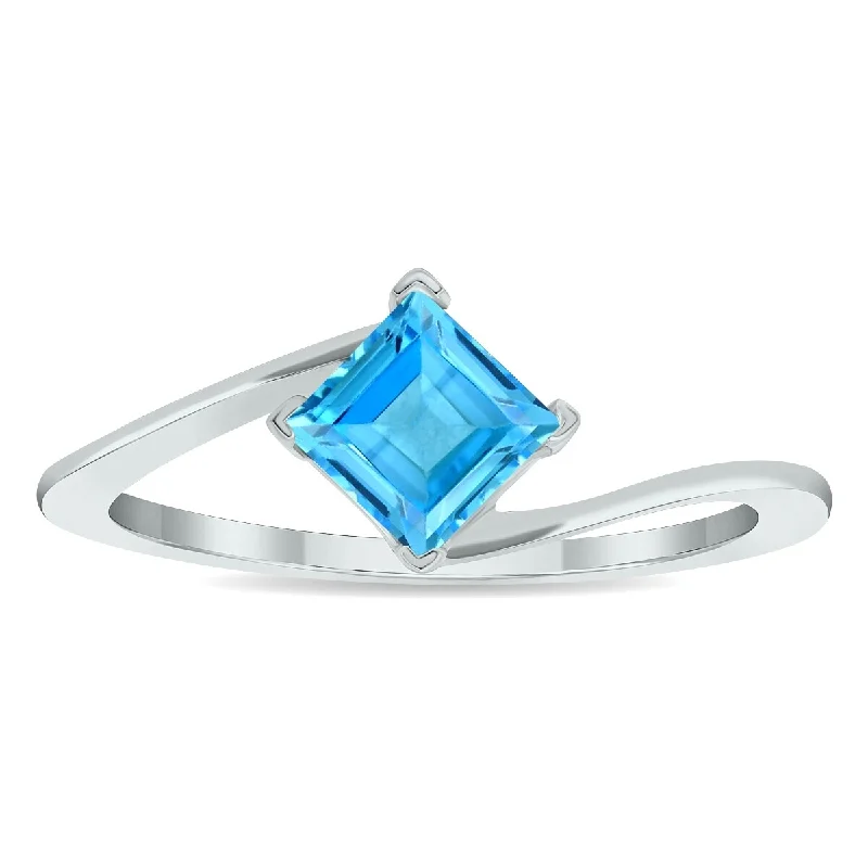 Women's Solitaire Blue Topaz Wave Ring in 10K White Gold