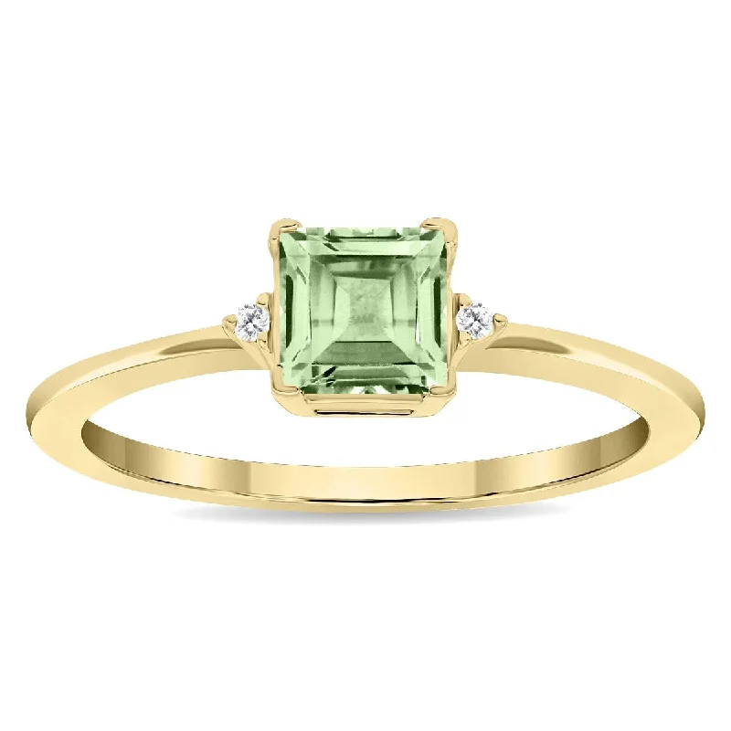 Women's Square Shaped Green Amethyst and Diamond Classic Band in 10K Yellow Gold