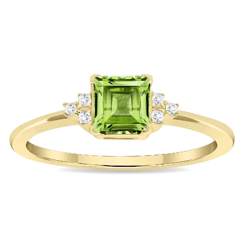 Women's Square Shaped Peridot and Diamond Half Moon Ring in 10K Yellow Gold