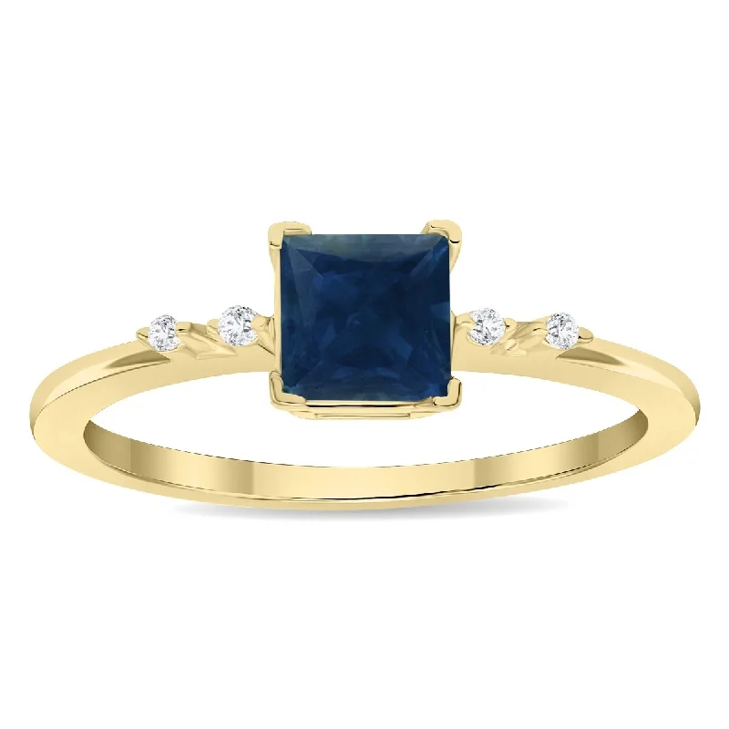 Women's Square Shaped Sapphire and Diamond Sparkle Ring in 10K Yellow Gold