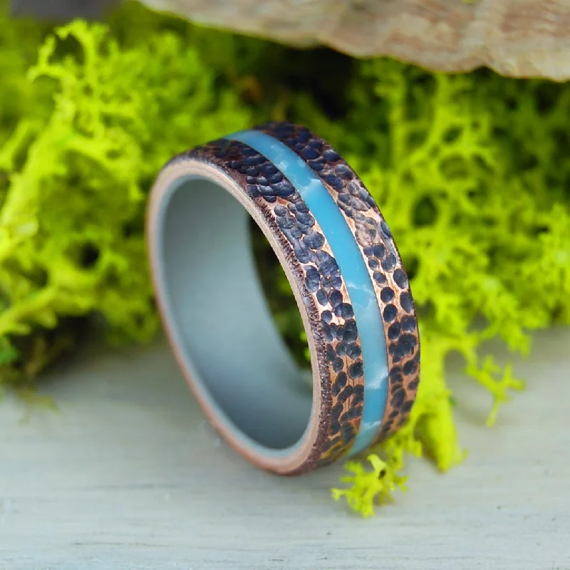 Beaten Copper Larimar | Men's Larimar Stone, Copper & Titanium Wedding Ring