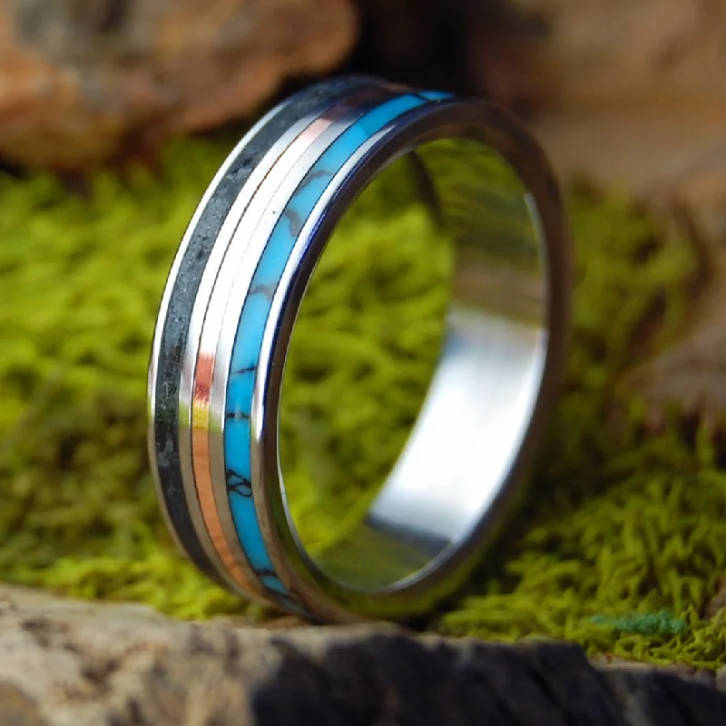 Black Thunder Coal Mine | Men's American Coal, Turquoise, Copper & Titanium Wedding Ring