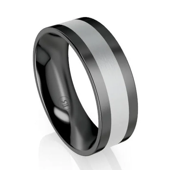 Black Zirconium and Flat Centre Stripe Gold Wedding Ring