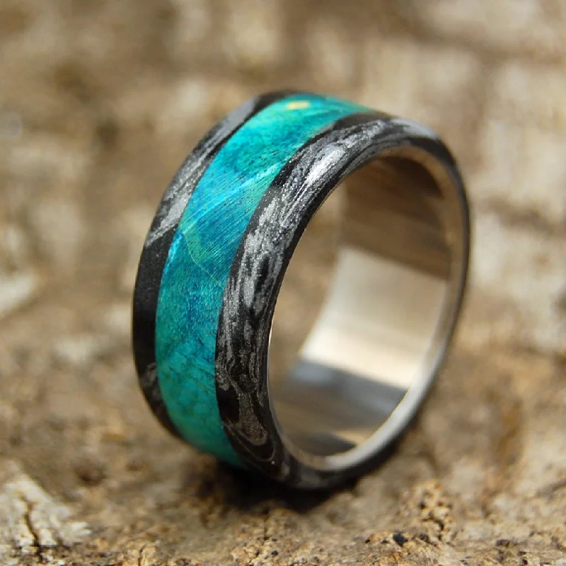 Bright Greek God | Men's Turquoise Blue Box Elder Wood, Black & Titanium Wedding Ring