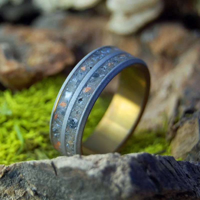 Bronze & Sandblasted Tomb Of Christ | Men's Jerusalem Earth, Armenian Obsidian & Bronze Wedding Ring