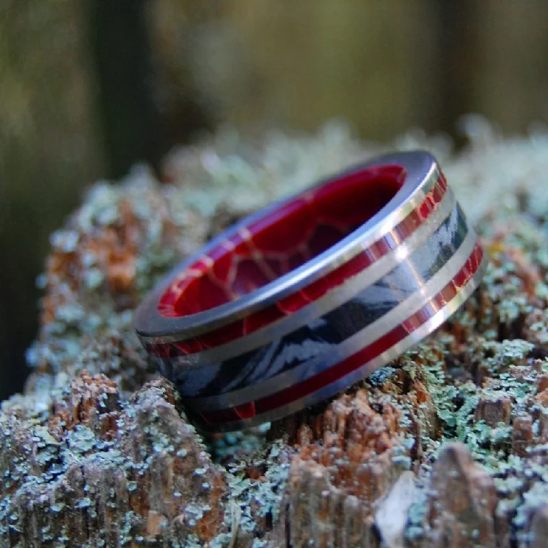 Embers Of Love | Men's Gray Mokume Gane, Red Jasper & Titanium Wedding Ring