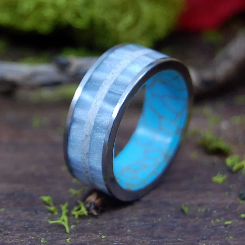 Hold Me Closer | Men's Gray Marbled Resin, Beach Sand, & Tibetan Turquoise Wedding Ring