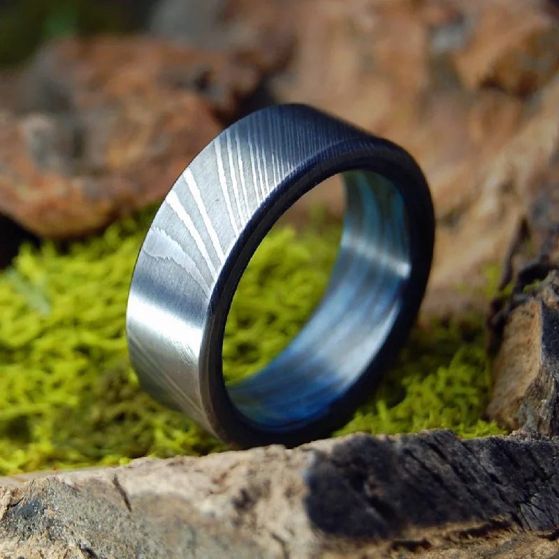 Damascus Black Blue | Men's Damascus Steel, Damasteel & Blue Black M3 Wedding Ring